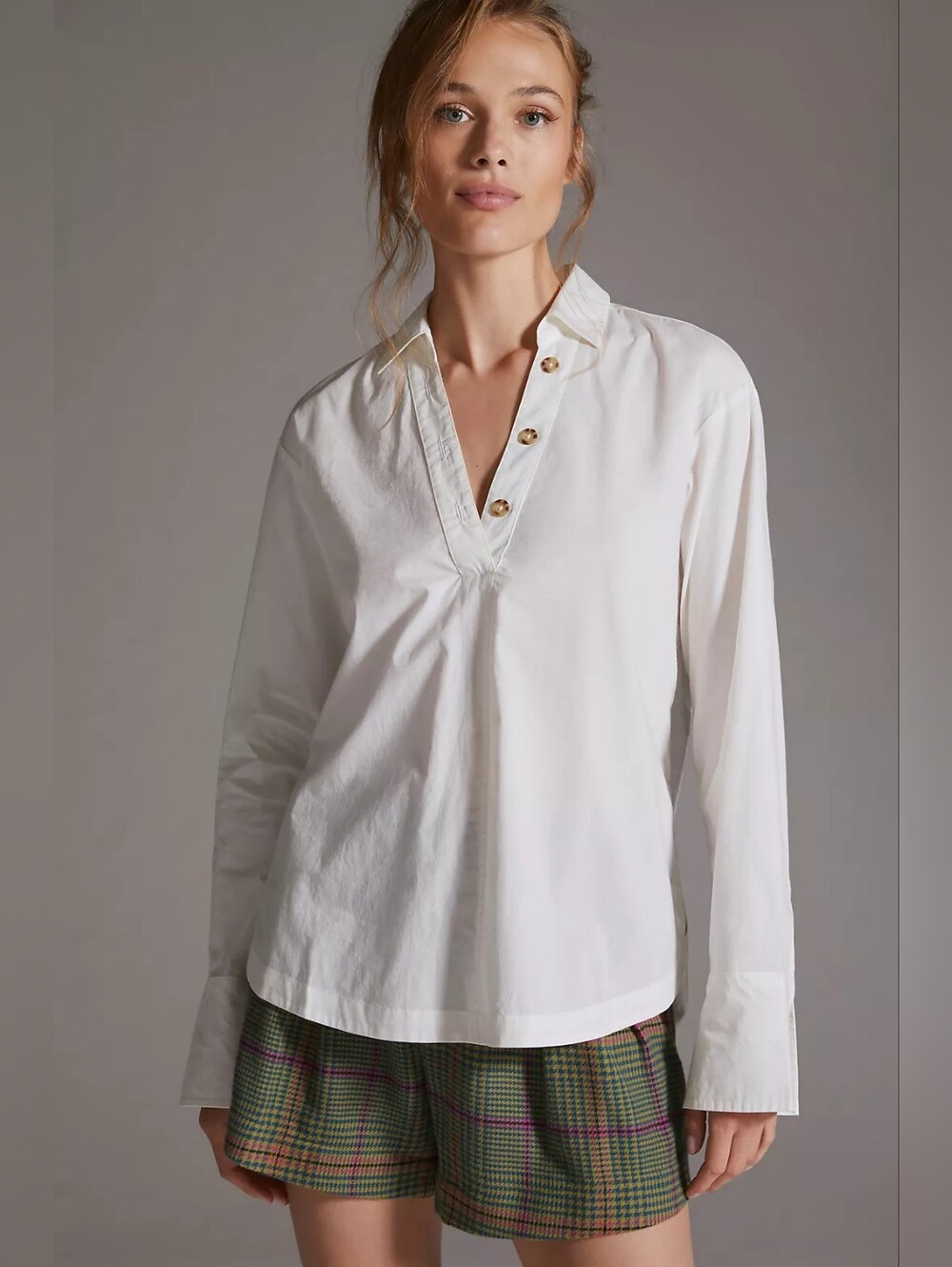 Anthropologie Maeve Henley Popover Shirt White Tortoise Buttons V-neck Women XXS